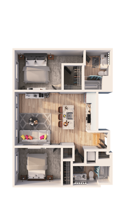 Floor plan for 2 beds, 2 baths, 908 sqft